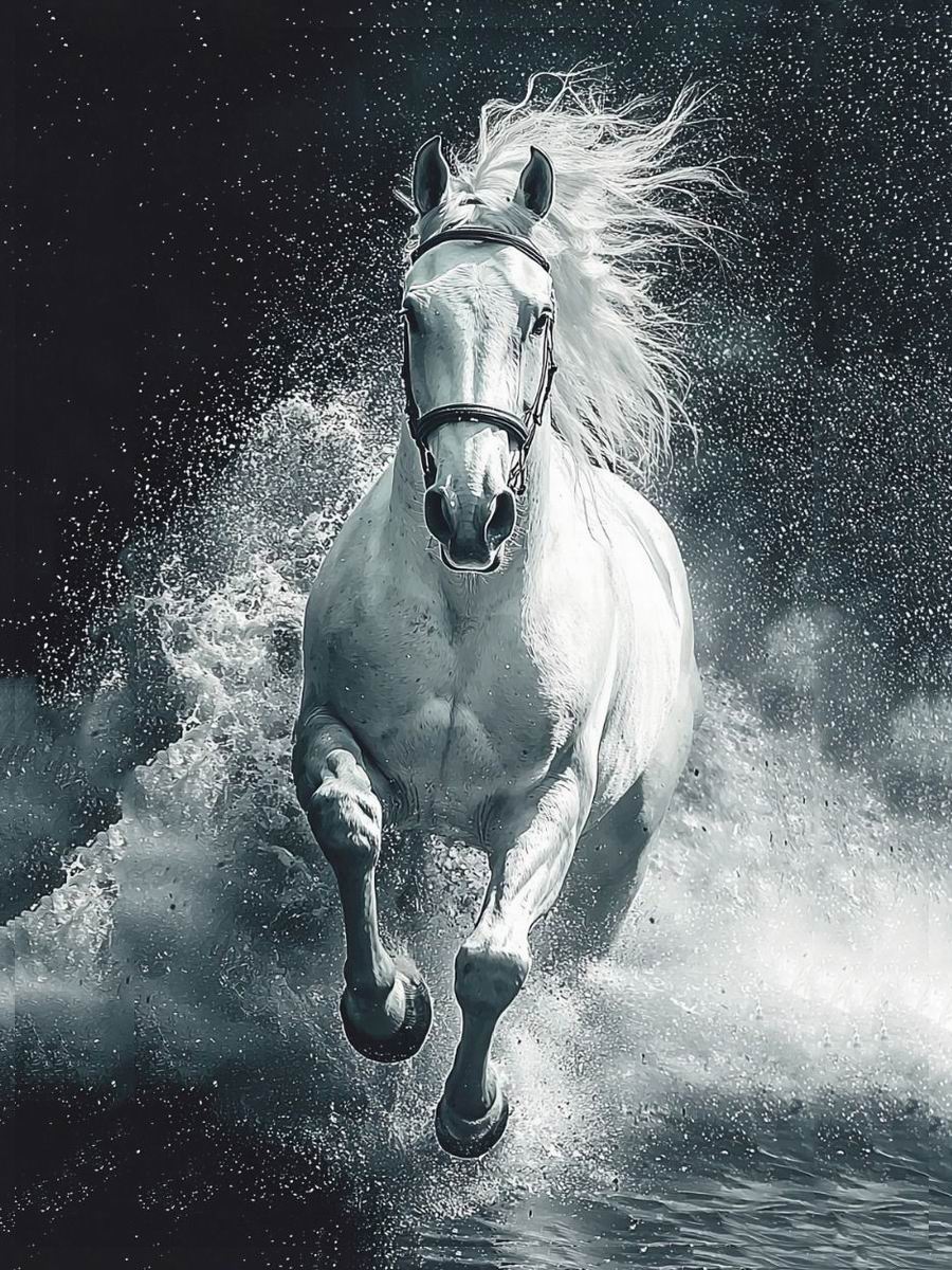 White horse in water Oil painting hand-made  30-40 cm