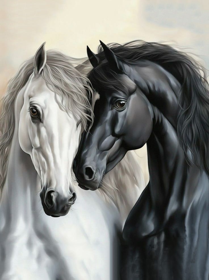 Black horse and white horse portrait Oil painting hand-made  30×40cm