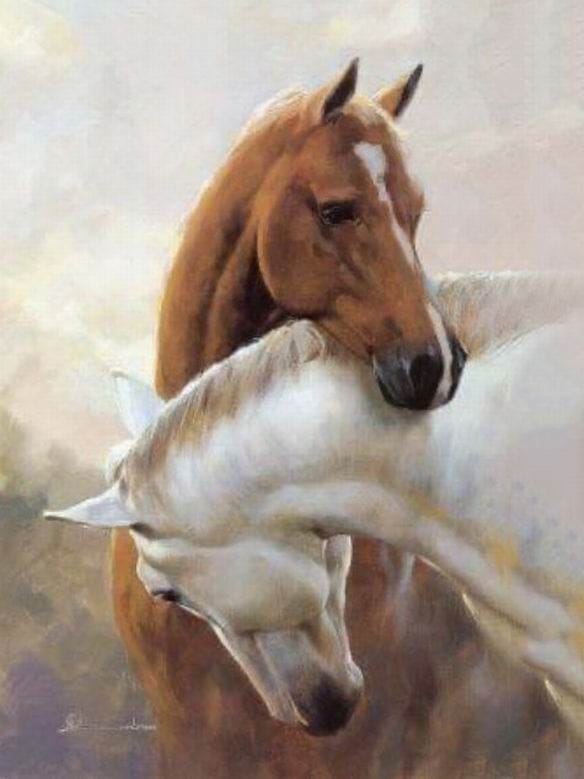 Brown horse and white horse hugging  Oil painting hand-made  30 ×40 cm