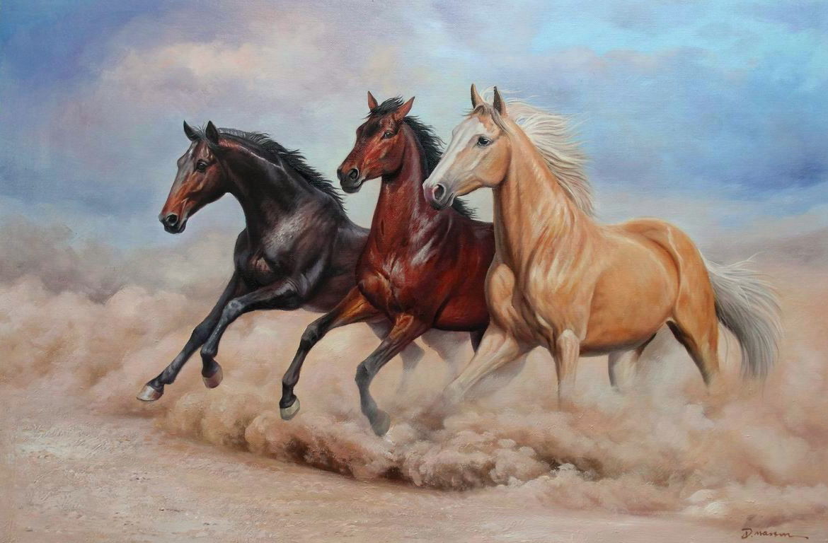 Horses Running at Desert Dust Oil Painting