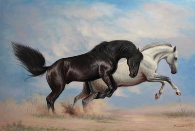 Black & White Horse Racing Oil Painting