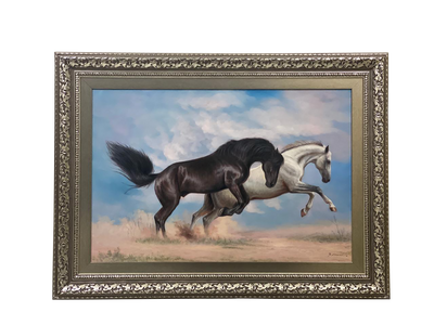 Black & White Horse Racing Oil Painting