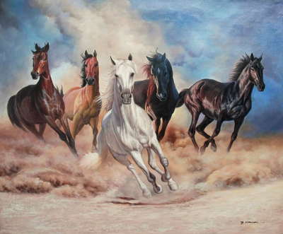 Horses Running with Blue Sky Oil Painting